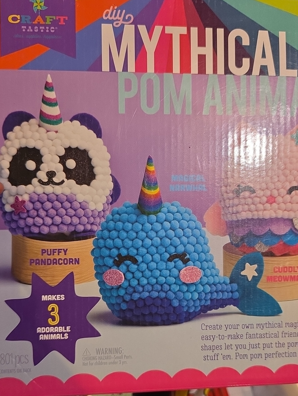 DIY Mythical Pom Animal Kit — Blue Puffy Narwhal